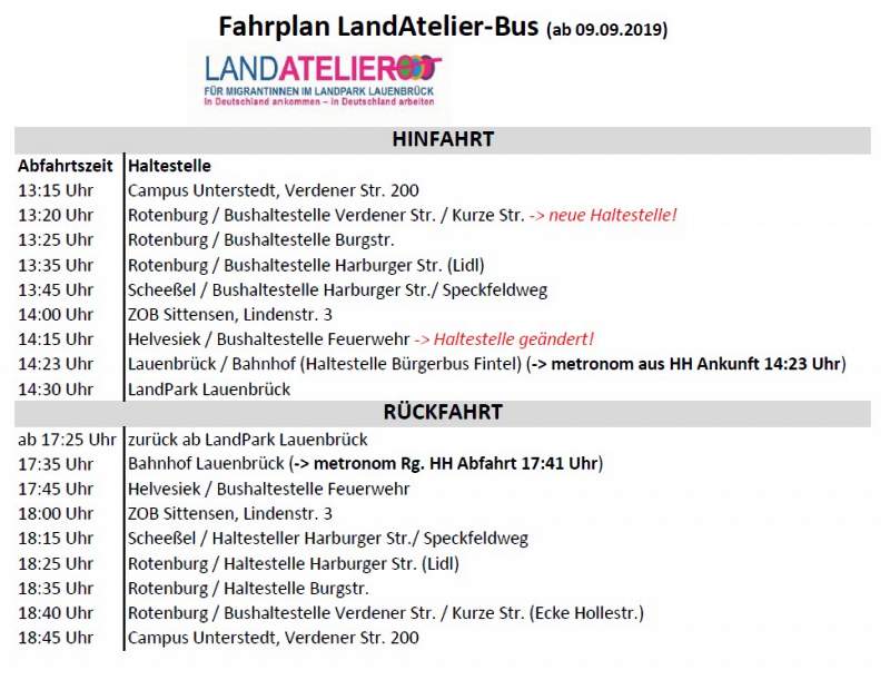 Busfahrplan LandAtelier im LandPark Lauenbrück