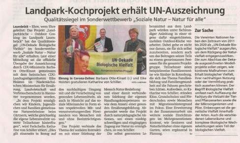 Presseveröffentlichung LandPark-Kochprojekt erhält UN-Auszeichnung in der Rotenburger Kreiszeitung vom 20.01.2021